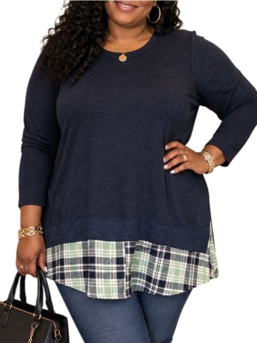 Wallflower Size Large Top Navy Plaid Hem Scoop Neck Long Sleeve Layered Look